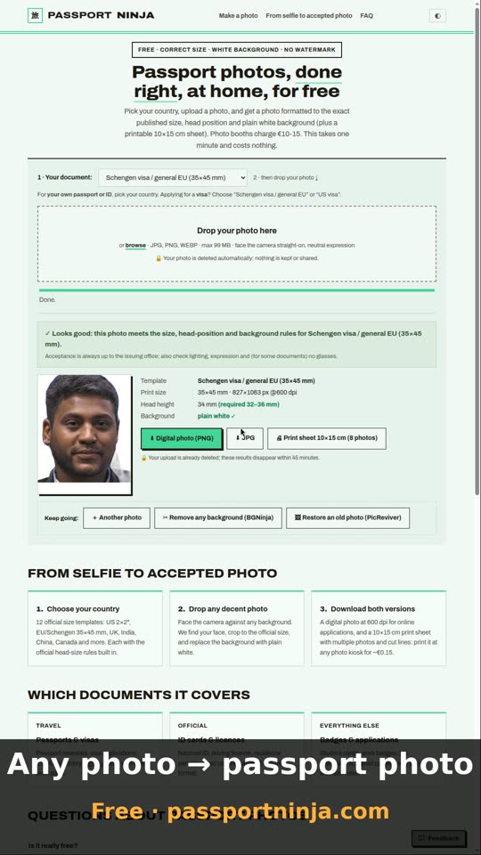 PassportNinja turning a normal photo into a passport photo